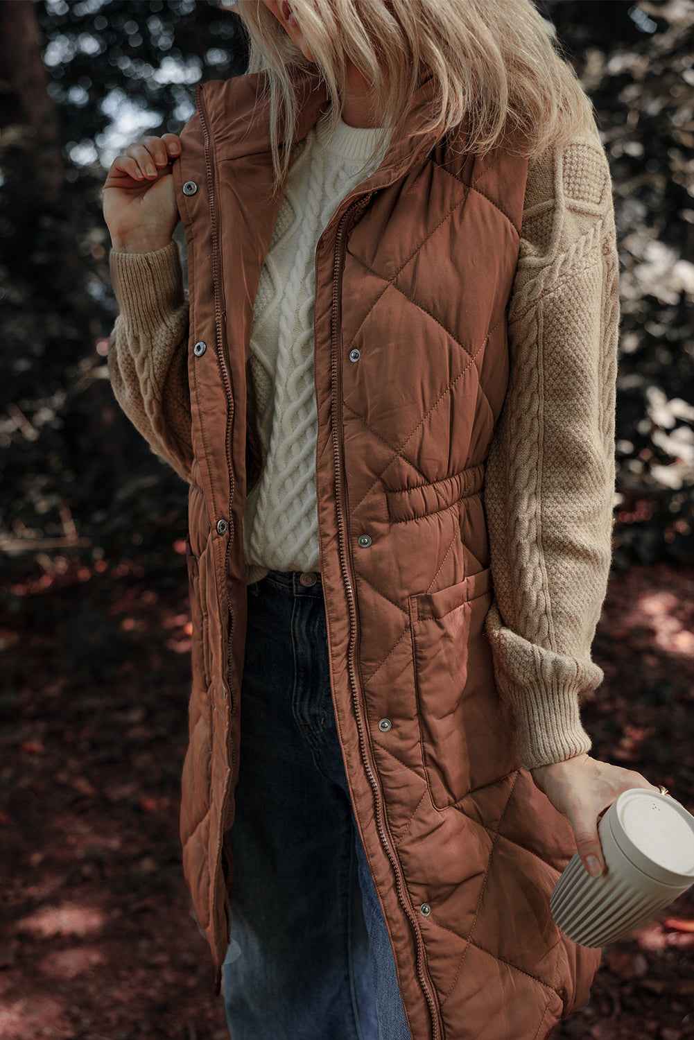 Coffee Puffer Quilted Stand Collar Pocketed Vest Coat e77aad08c23f2f7f