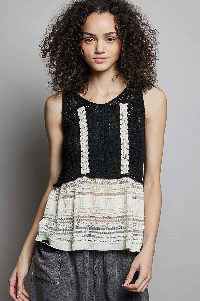 POL V-Neck Crochet Sweater Vest with Lace Trim BLACK e77b09a6-55be-4a39-90ea-ecda28ea6a96-Max