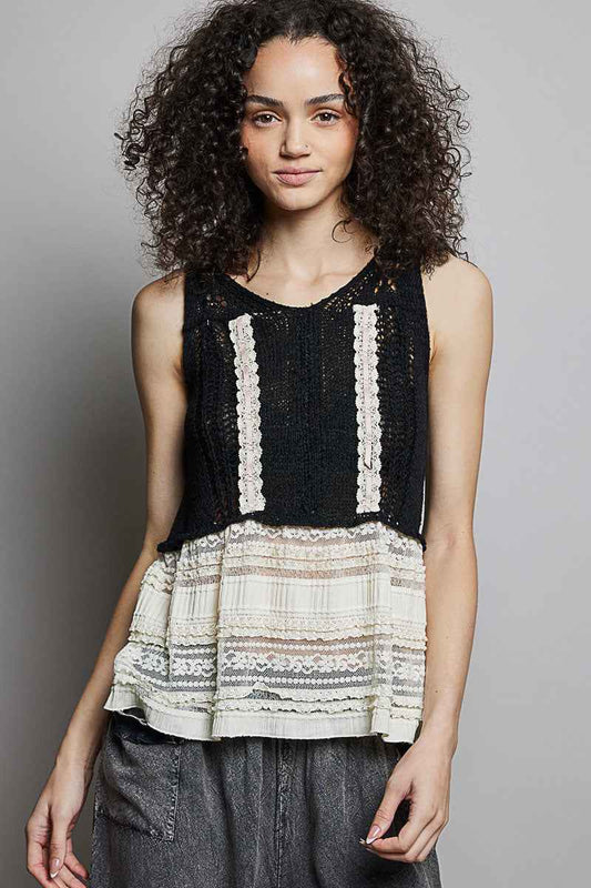 POL V-Neck Crochet Sweater Vest with Lace Trim BLACK e77b09a6-55be-4a39-90ea-ecda28ea6a96-Max