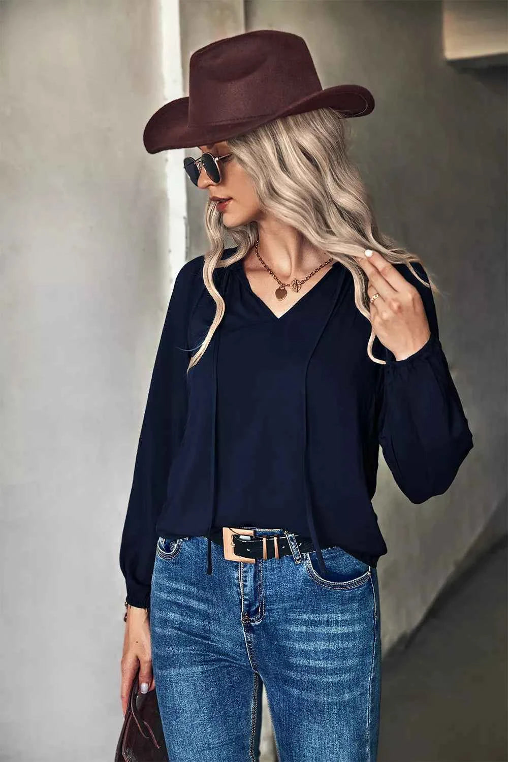 Tie Neck Long Sleeve Blouse e77c4c40-dea8-4258-8b86-50e2ed6887fa-Max-Origin