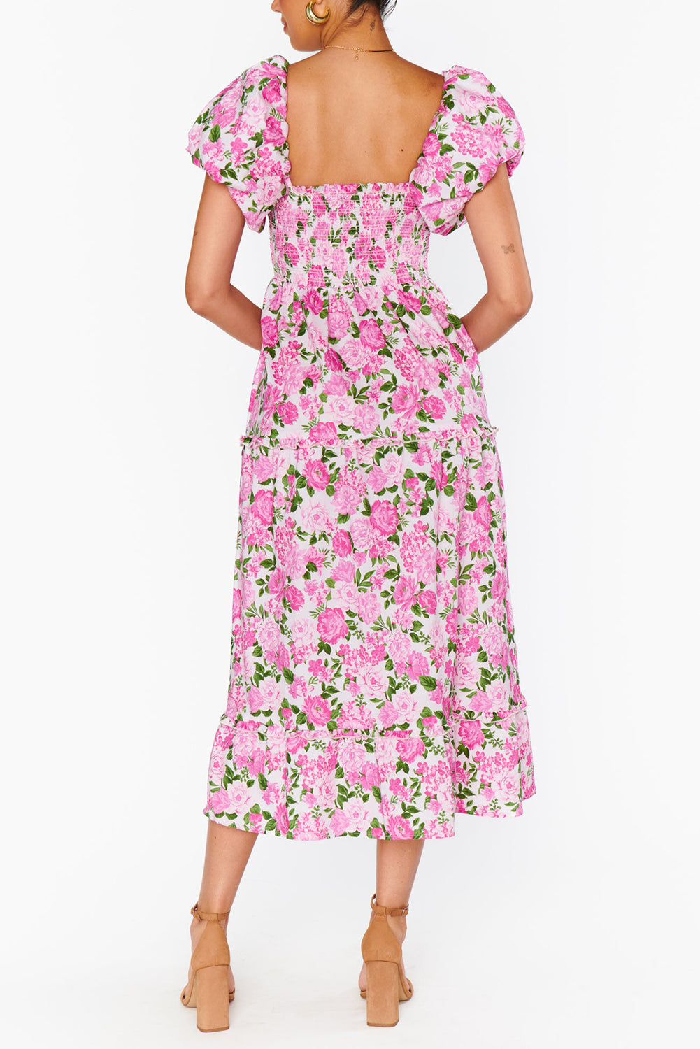 Pink Floral Smocked Puff Sleeve Flowy Midi Dress