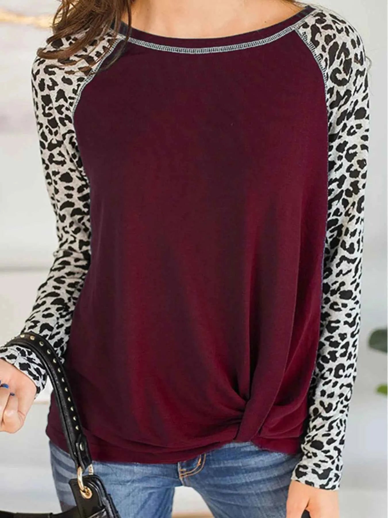 Leopard Print Raglan Sleeve Twist Hem T-Shirt