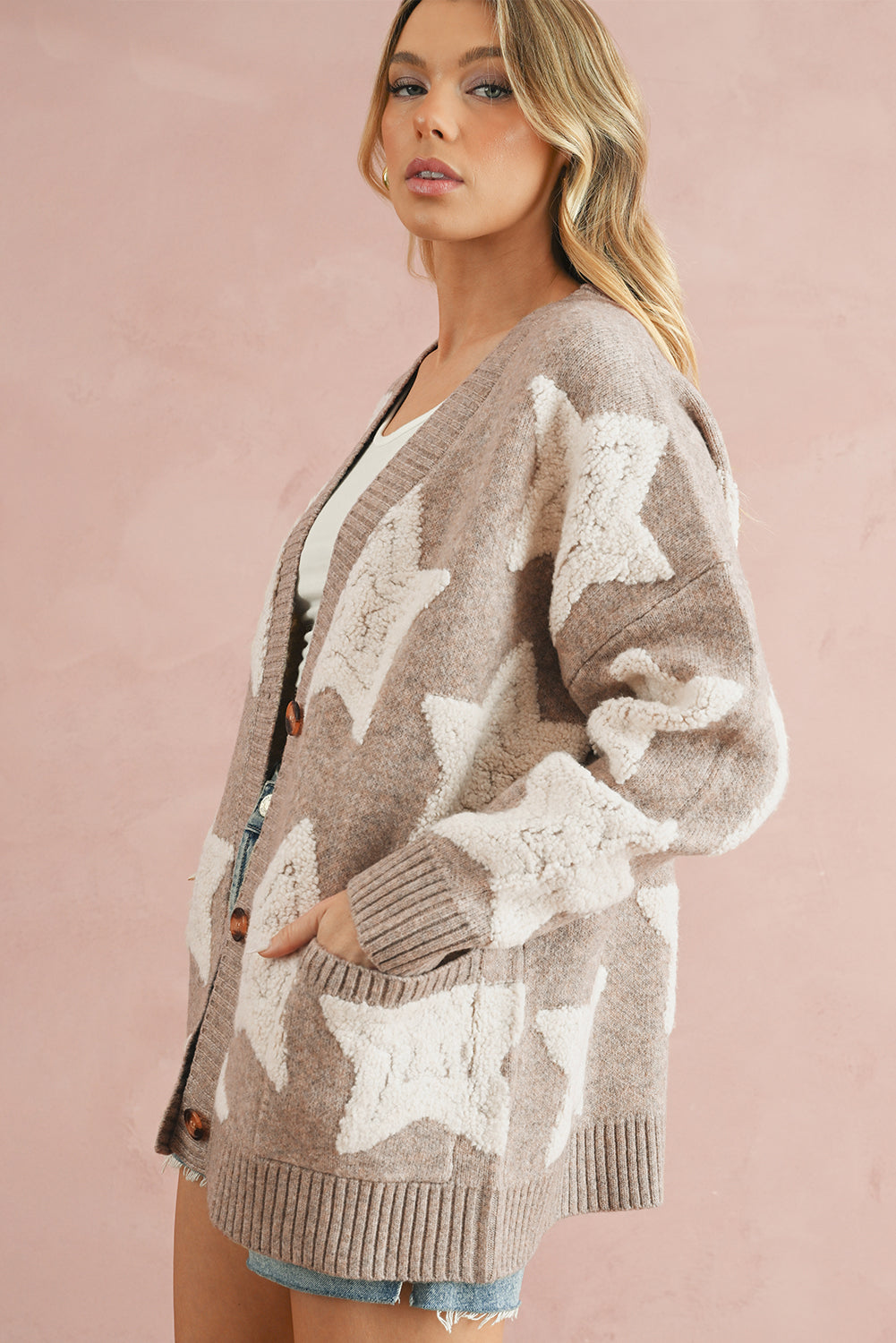 Khaki Star Pattern Pockets Button Front Cardigan e78066de019ab2f2