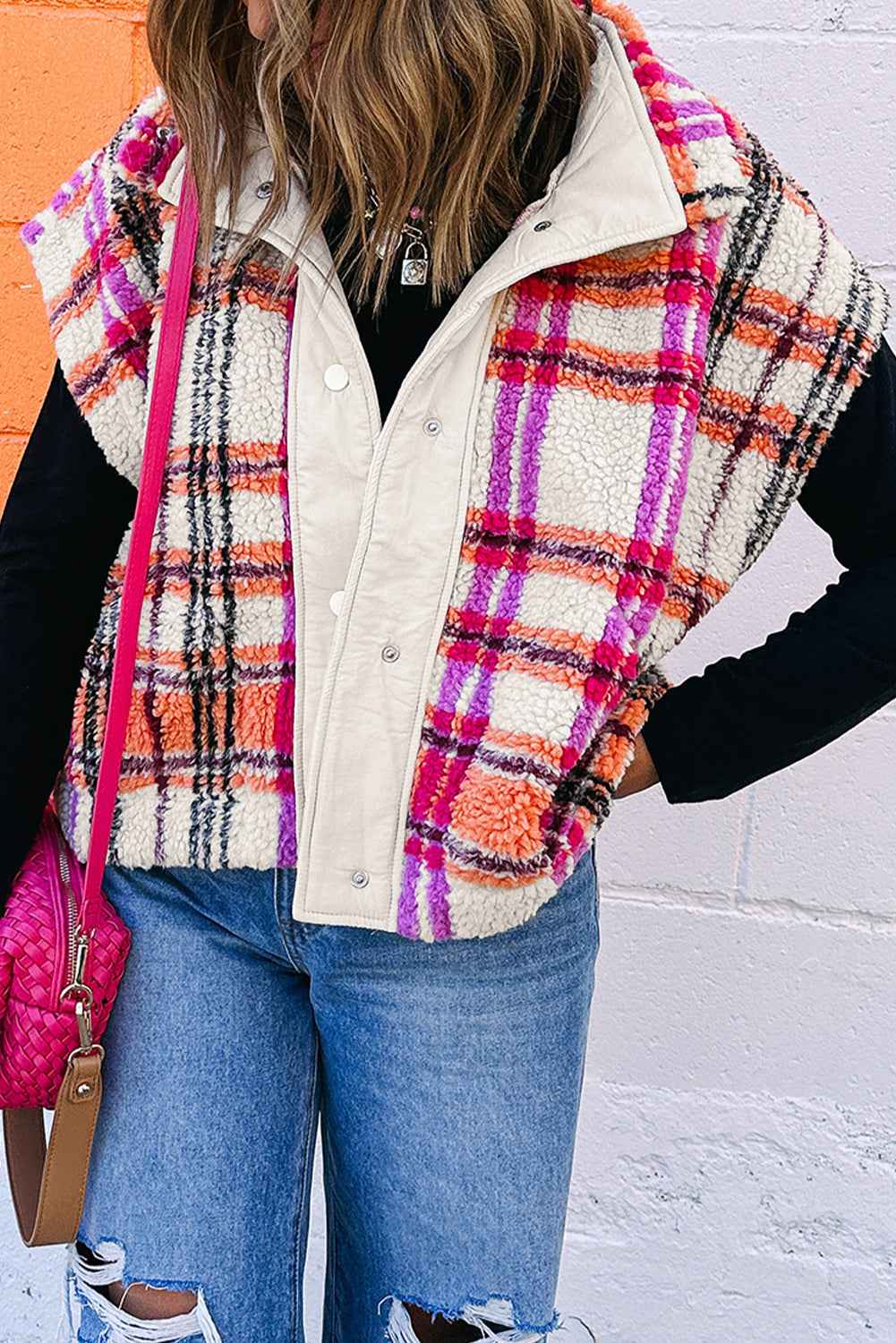 Rose Sherpa Plaid Collared Jacket Vest Rose 100%Polyester e784159fcdadea96