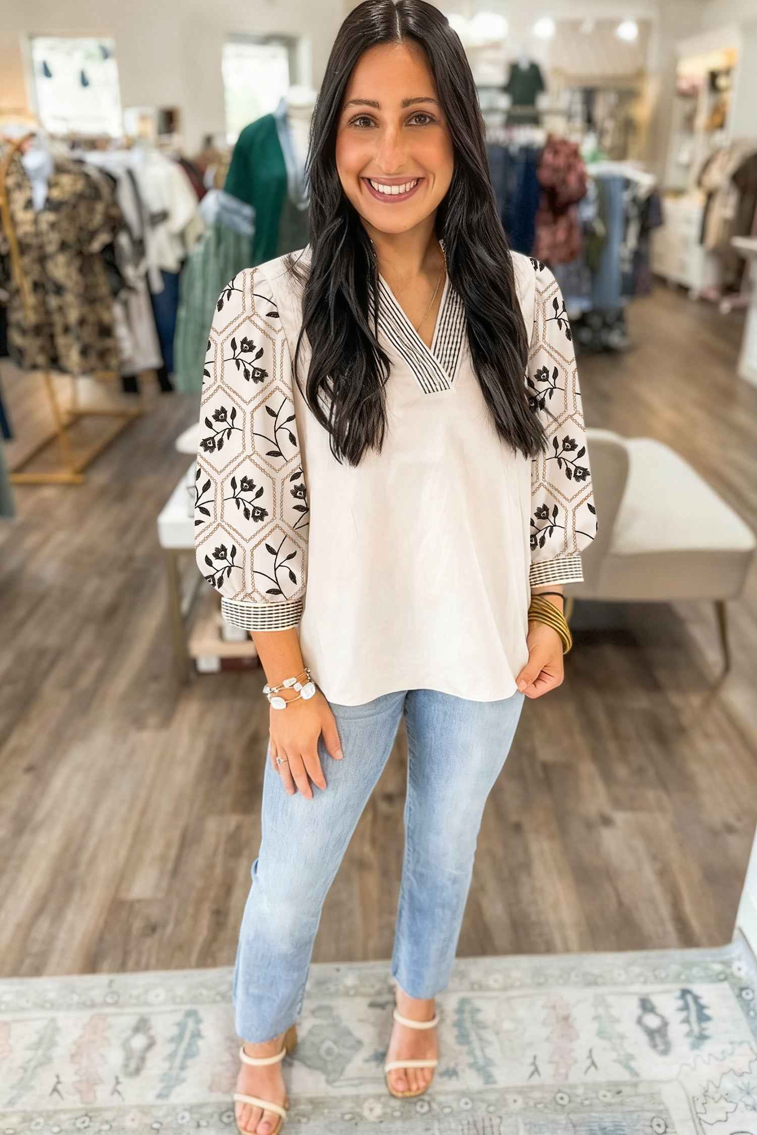 Grass Green Floral Puff Sleeve Contrast V Neck Patchwork Blouse e786f4c13911b63d