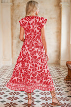 Red Boho Floral V-Neck Ruffle Shoulder Maxi Dress