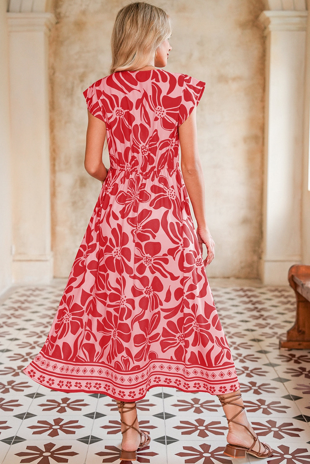 Red Boho Floral V-Neck Ruffle Shoulder Maxi Dress e78754a7ddbd3416
