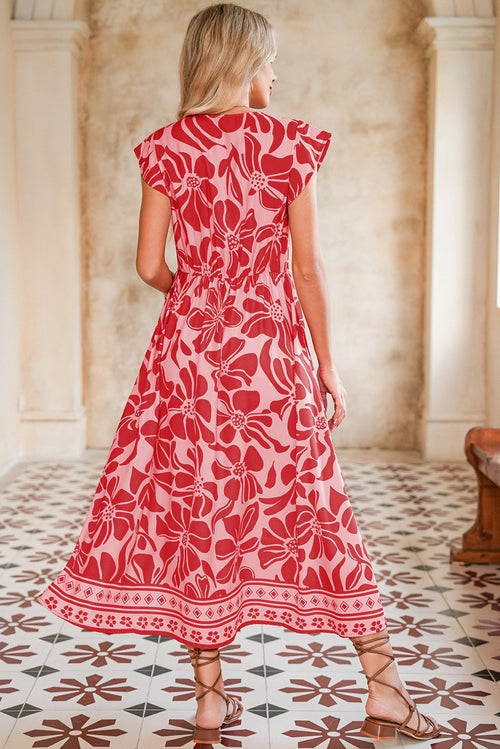 Red Boho Floral V-Neck Ruffle Shoulder Maxi Dress