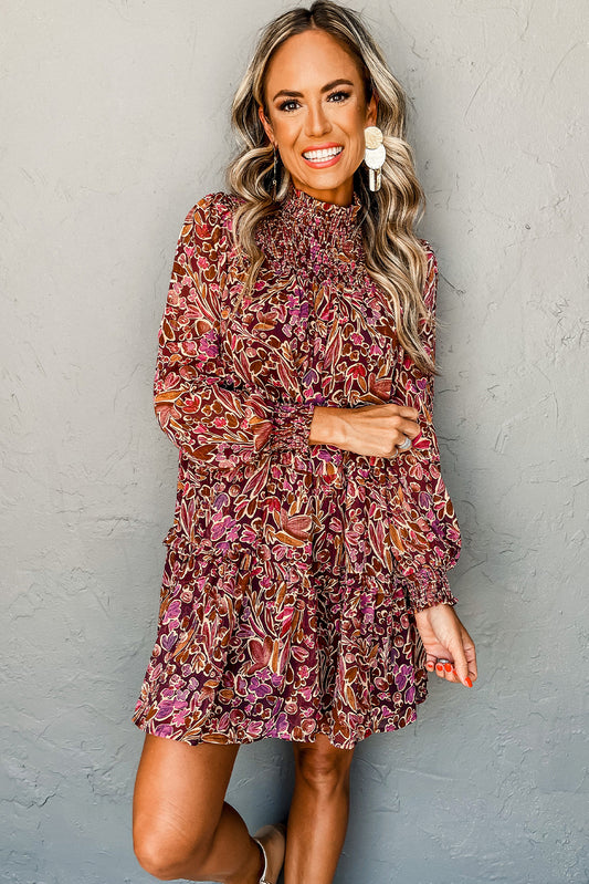Red Floral Print Long Sleeve Shirred High Neck Loose Mini Dress e78b3d264793eb3b