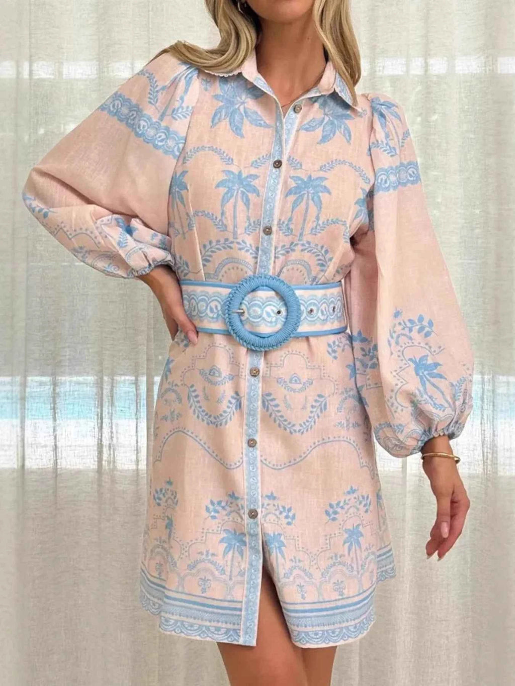 Printed Button Down Shirt Dress with Belt Blue e78ba4e2-7772-42cd-86fb-05912334aa36-Max-Origin