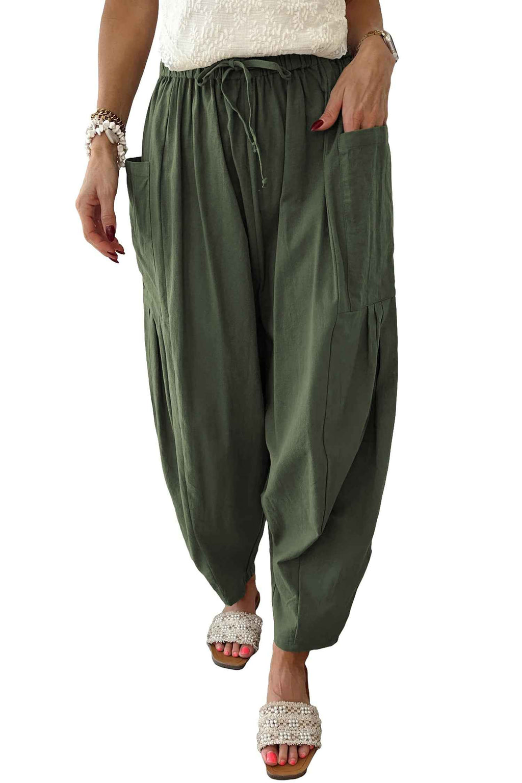 Jungle Green Drawstring Elastic Waist Patch Pocket Barrel Leg Casual Pants e78f7188cf26b717