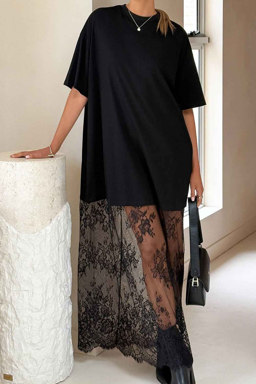 Red Sandalwood Floral Patchwork Short Sleeve T Shirt Loose Maxi Dress e7907d60de59343d