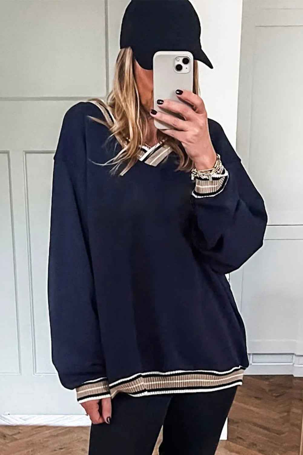 Parchment Varsity Contrast Trim V Neck Sweatshirt e794e9170664dbfe
