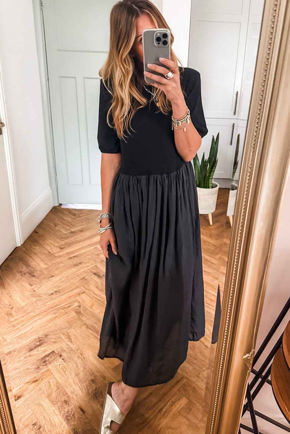 Black Short Sleeve Knit Top Patchwork Pleated Long Dress e79645559007b88c