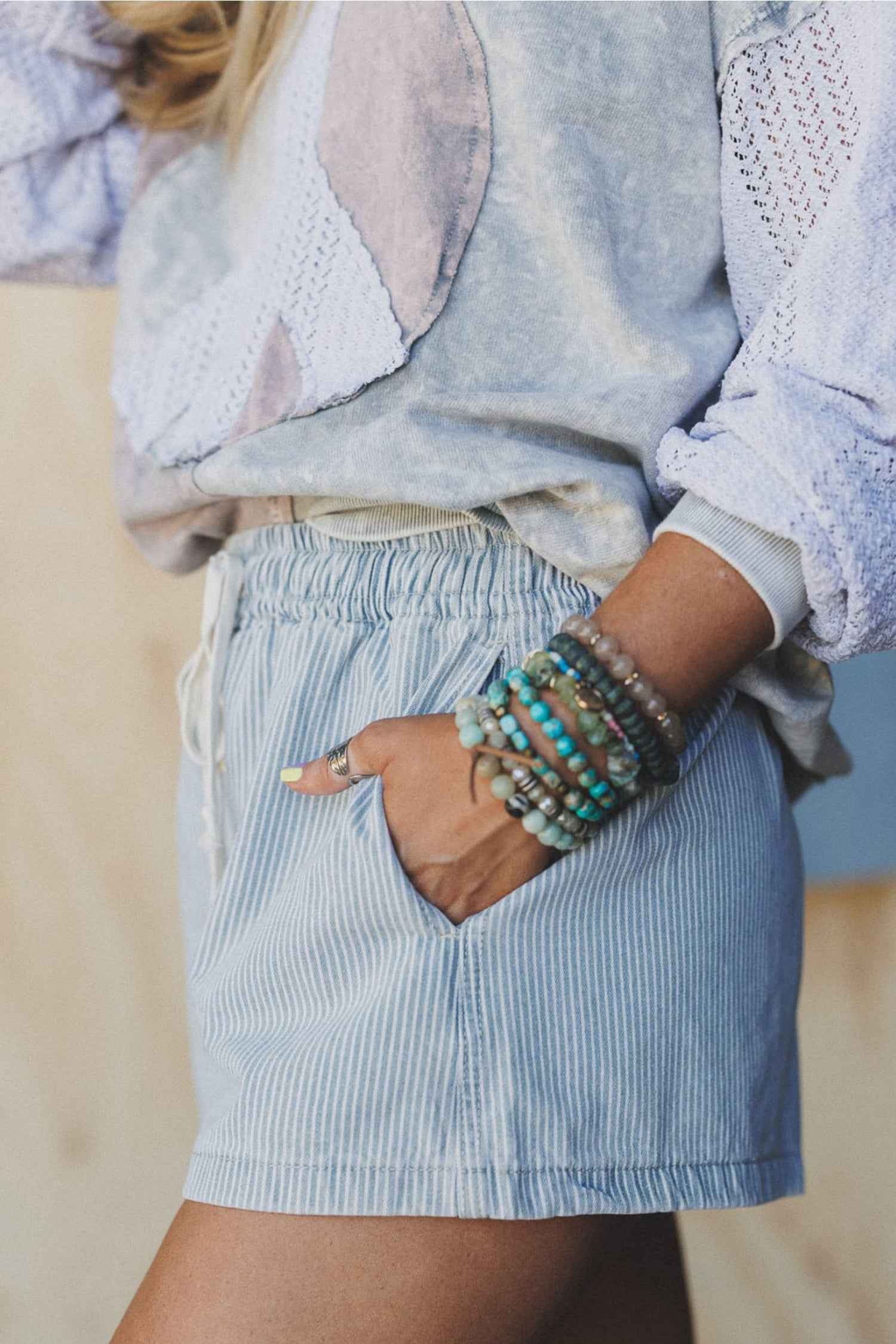 Sky Blue Stripe Drawstring Elastic Waist Casual Denim Shorts e79a4e646bb05459