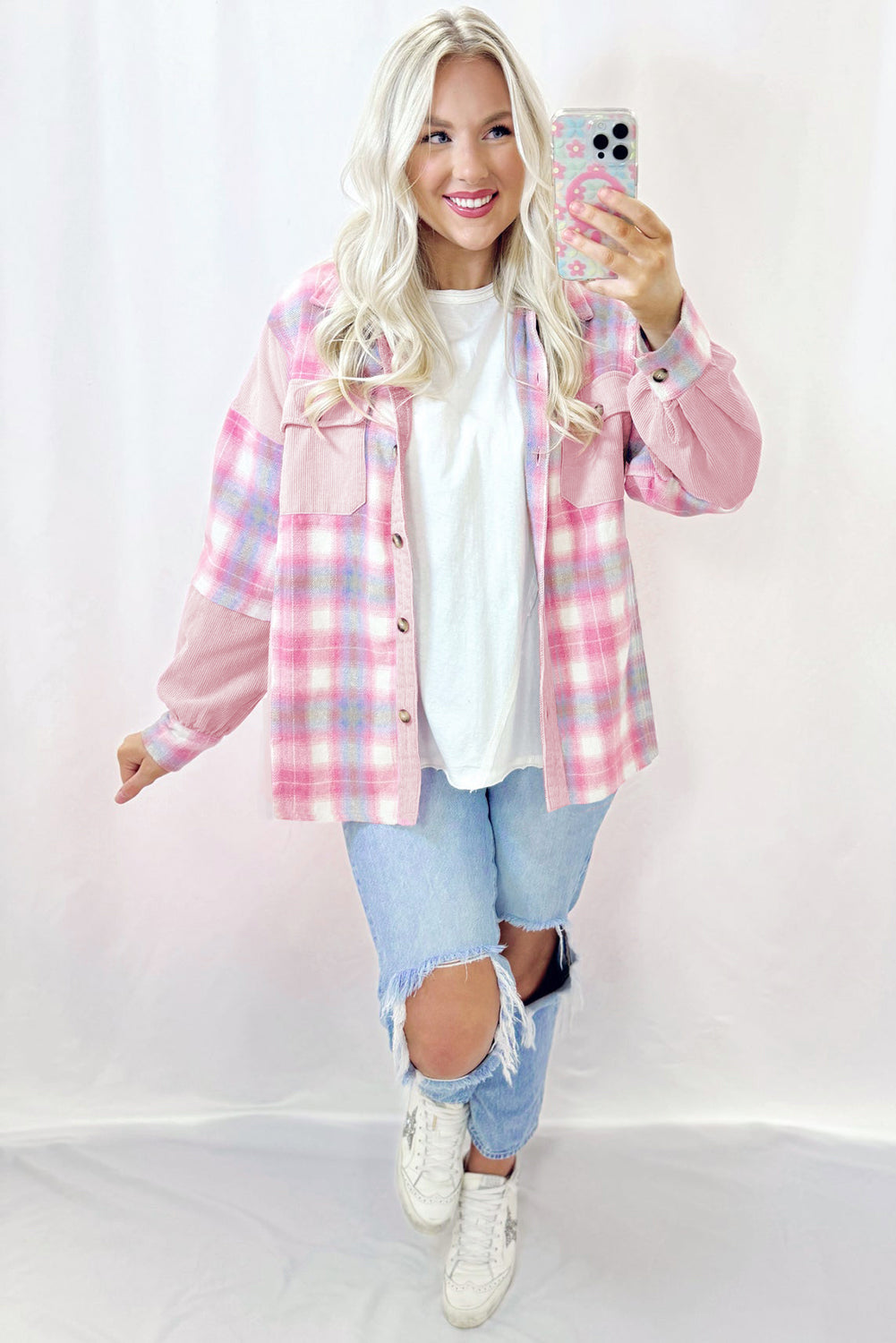 Pink Brushed Plaid Corduroy Flap Pockets Patchwork Shacket e79ac851d3dbce47