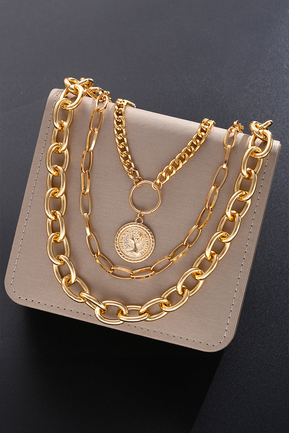 Gold 3pcs Coin Pendant Chain Alloy Necklace Set