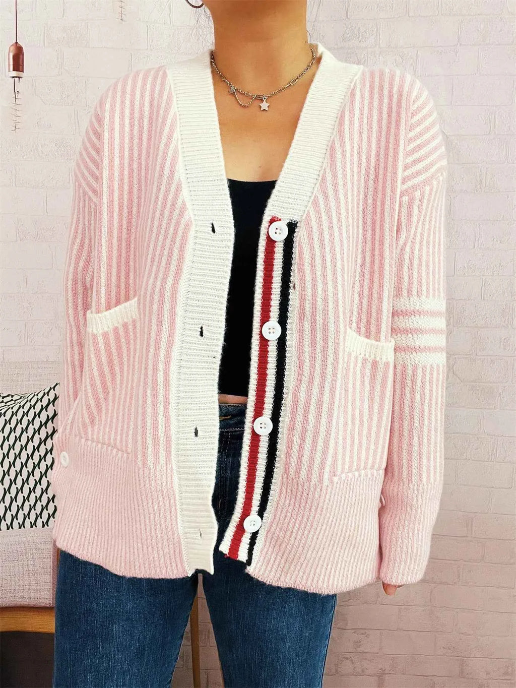 Striped Button-Front Cardigan with Contrast Trim e7a44b04e53a408a82dfc1a5b6743e83-Max-Origin