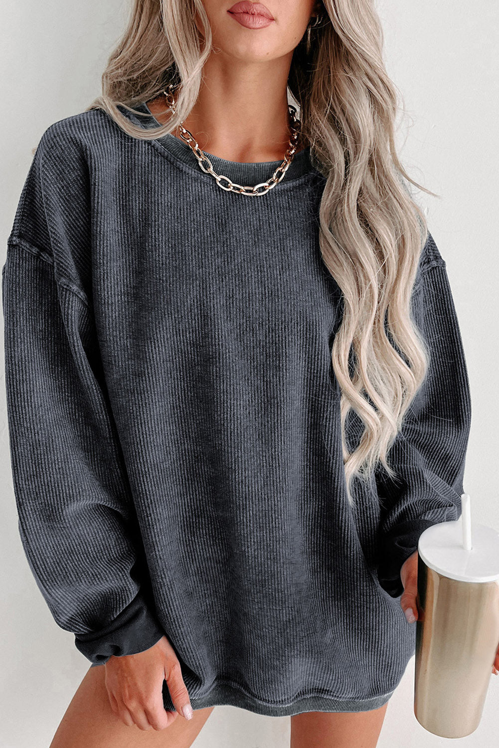 Green Ribbed Round Neck Drop Sleeve Pullover Sweatshirt e7a9b3ec67a41222