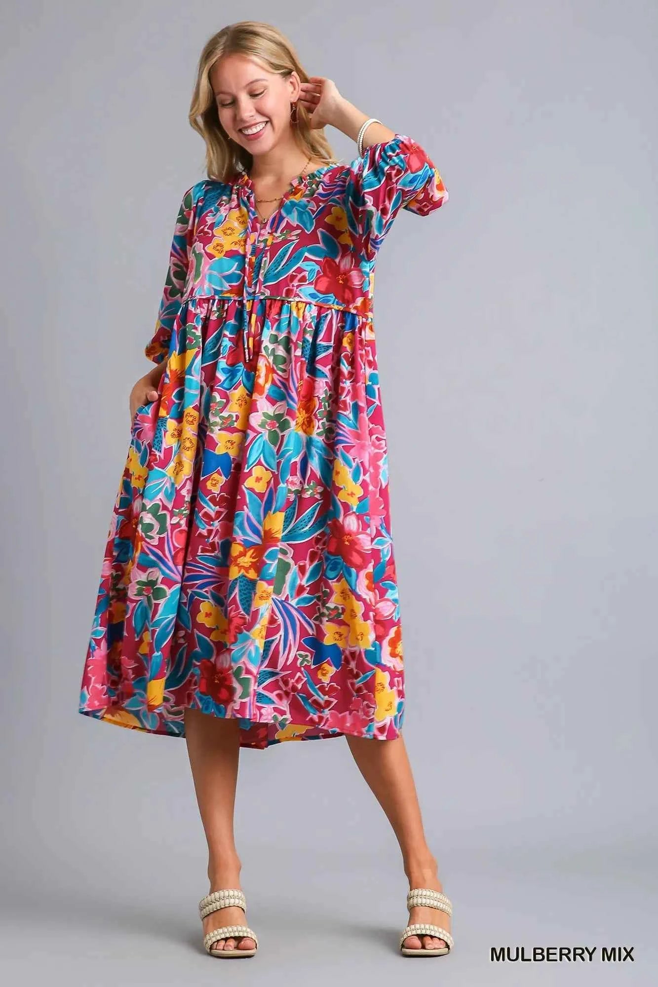 Umgee Full Size Floral Print Tie Neck Midi Dress with Pockets Plus Size e7b308d5-f920-4f0b-9a56-8ca163329d1d-Max-Origin