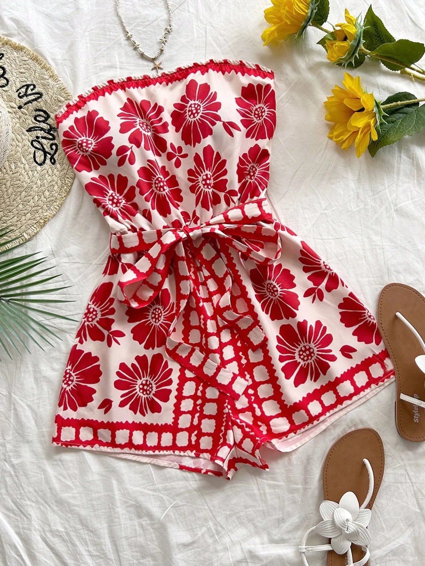 Printed Tube Tie Waist Romper Deep Red e7b860c8-c570-42c3-99eb-4238a81fa1ba-Max-Origin