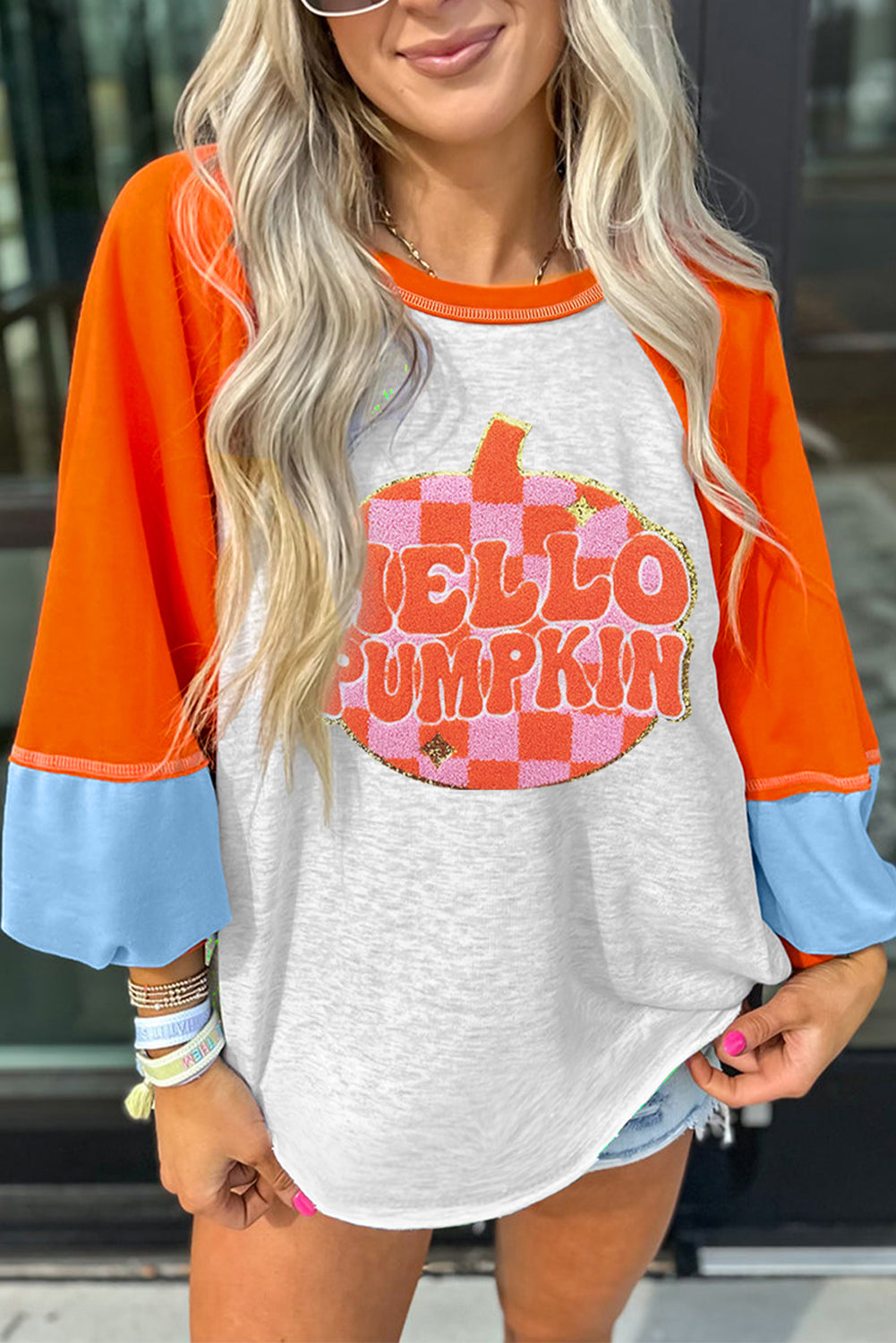 Light Grey HELLO PUMPKIN Patch Application Graphic Colorblock Raglan Sleeve Top e7ba811c18715b9f