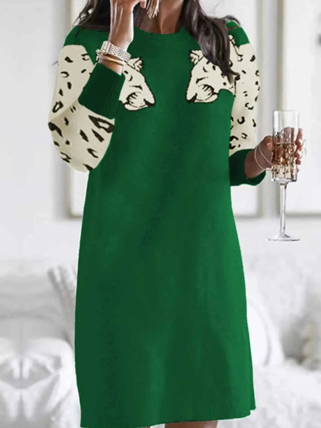 Leopard Round Neck Sweater Dress Dark Green e7baffd5-d957-49f1-9421-c3ea537d1741-Max-Origin