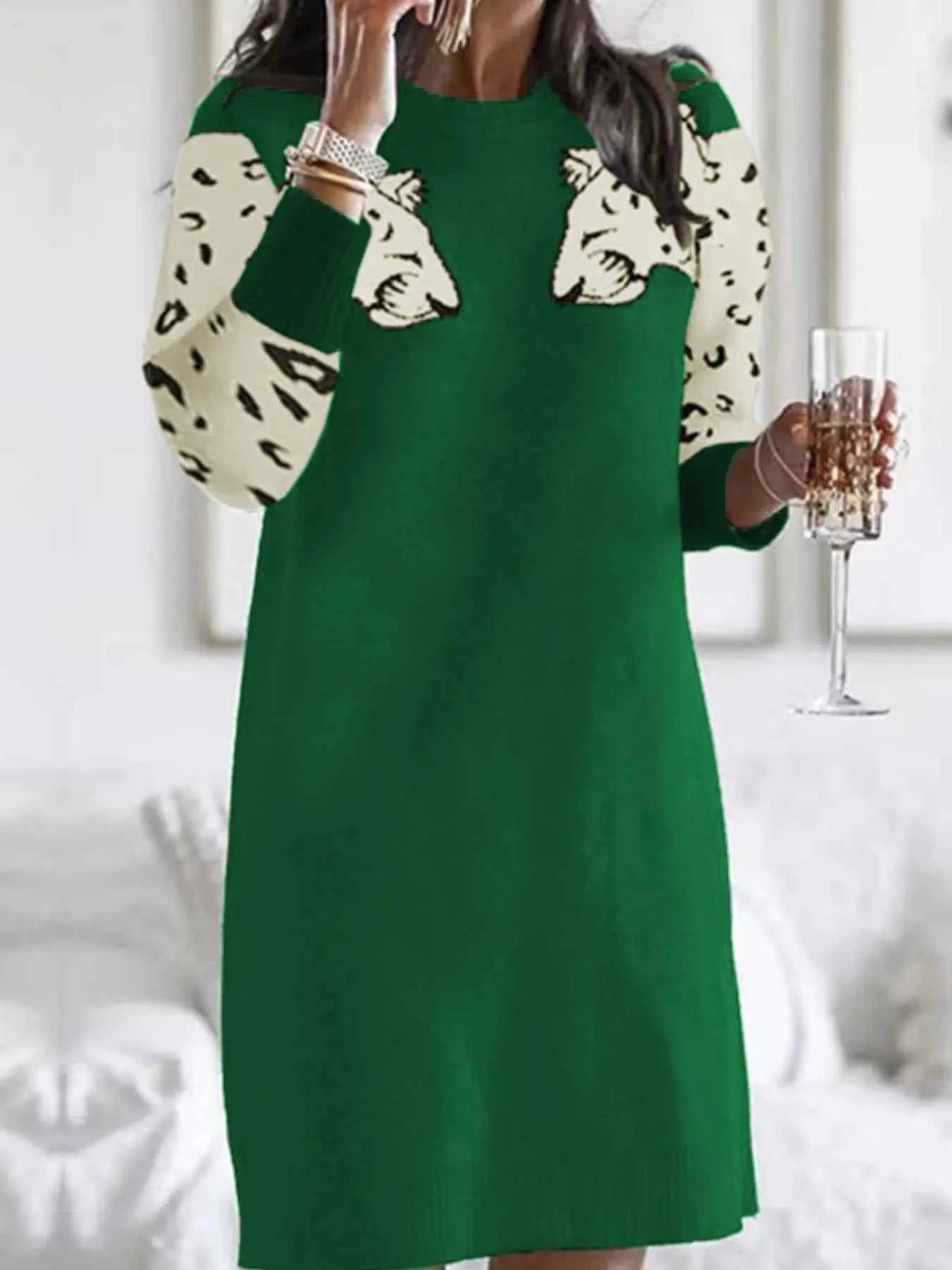 Leopard Round Neck Sweater Dress Dark Green e7baffd5-d957-49f1-9421-c3ea537d1741-Max-Origin