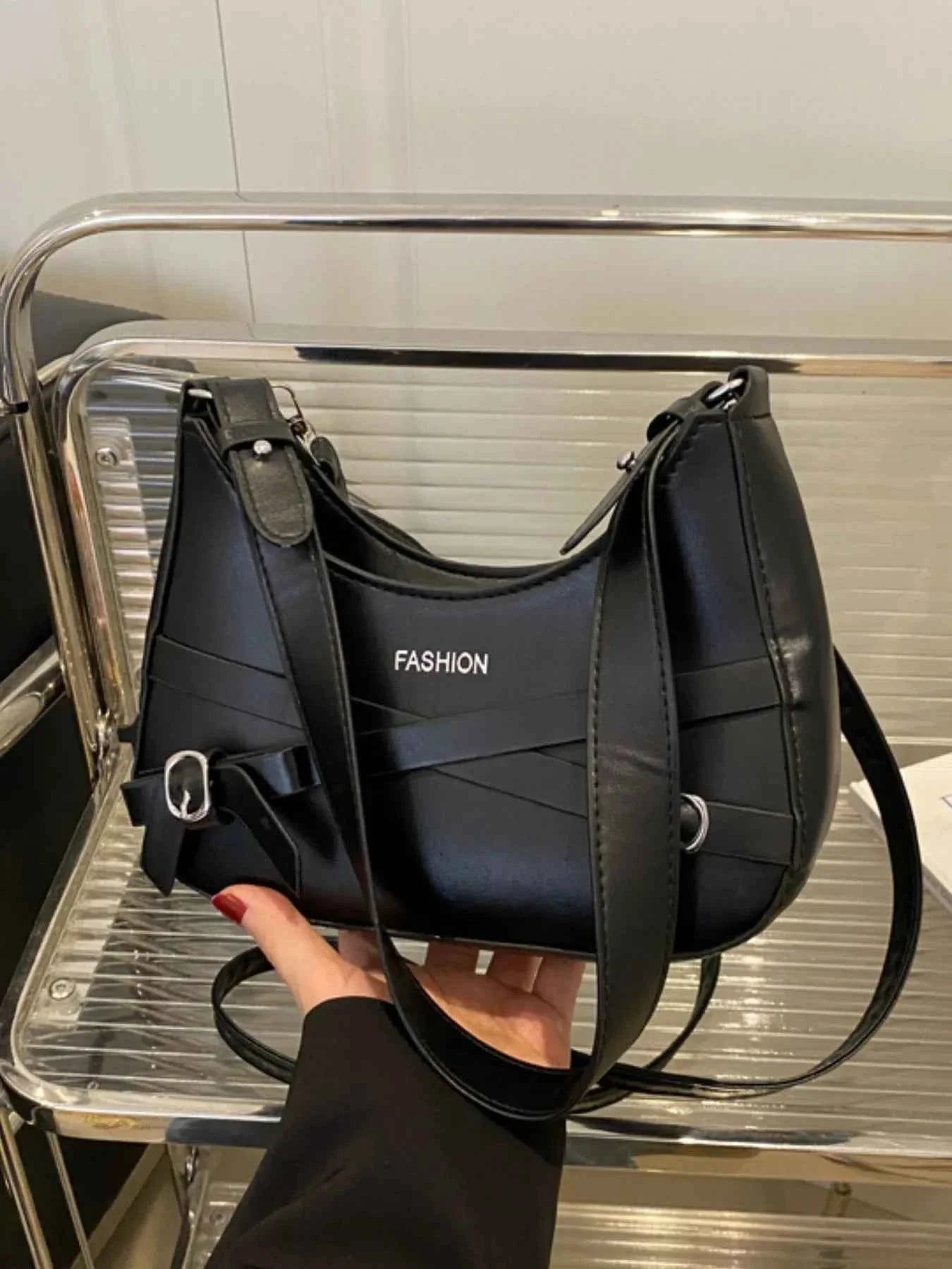 Adjustable Strap Leather Shoulder Bag Black onesize e7bb3060-16e3-4412-807b-74397e4e21a0-Max-Origin