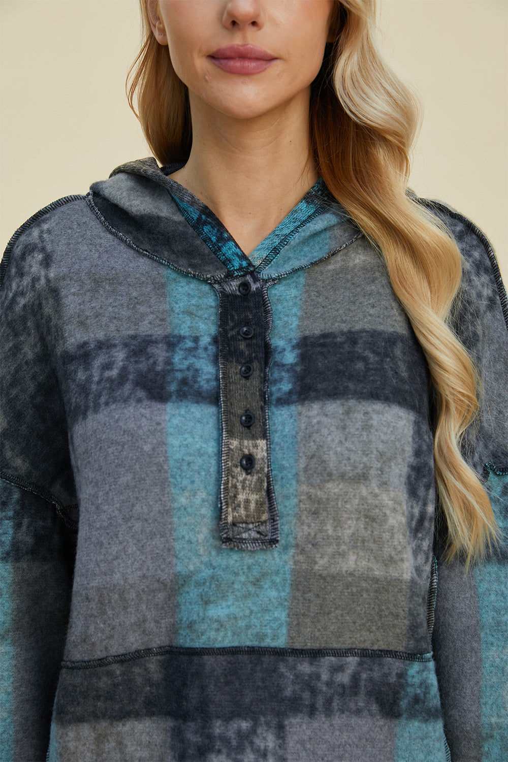 Double Take Full Size Plaid Dropped Shoulder Fleece Hoodie