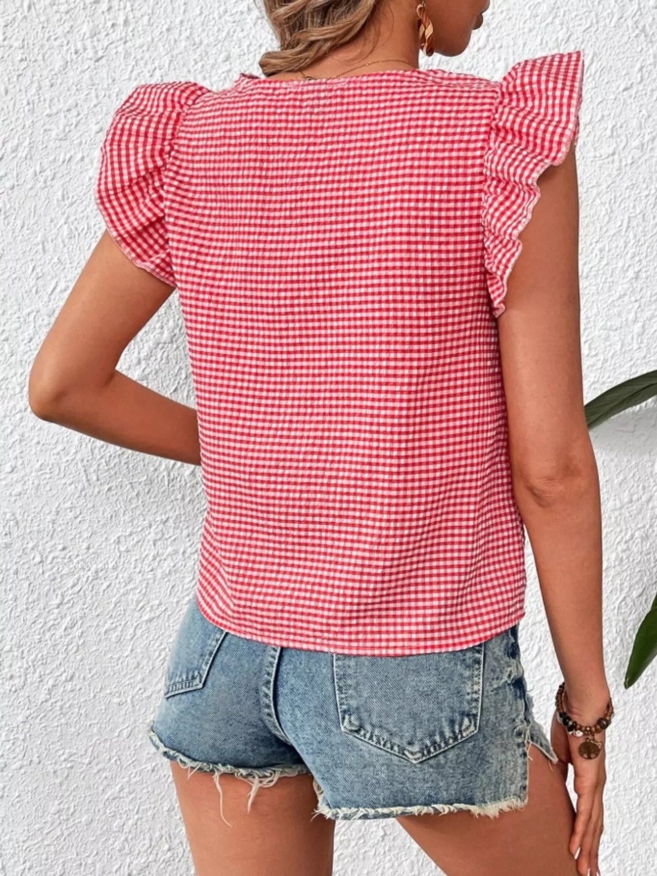Gingham Ruffle Sleeve Square Neck Blouse e7bcb27c-6791-466d-9e71-8e53feb23595-Max-Origin