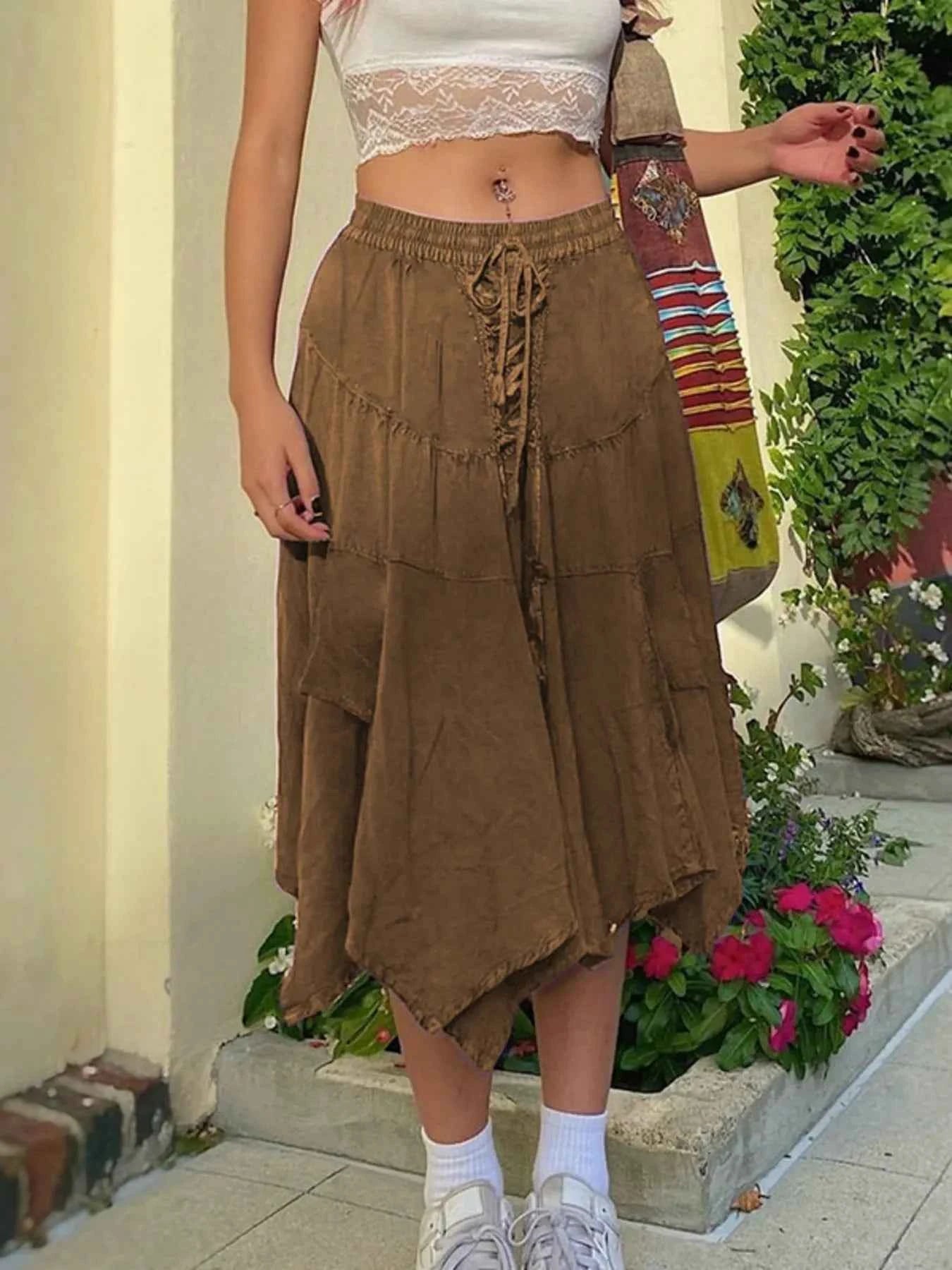 Asymmetrical Hem Midi Skirt with Drawstring Waist Brown e7bda5400b734caa9523cf4918dee2d7-Max-Origin