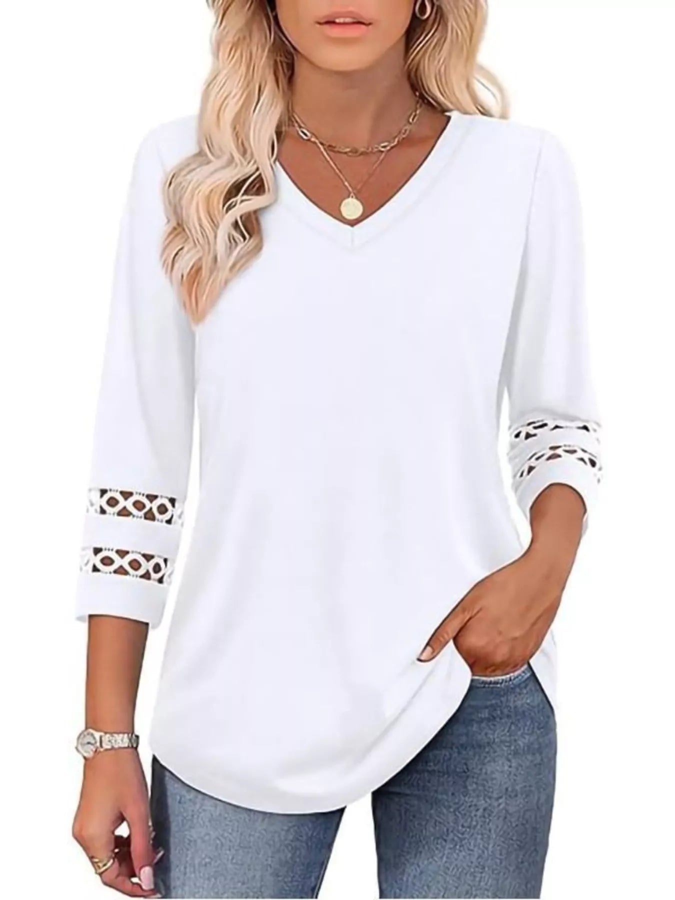 Full Size V-Neck 3/4 Sleeve T-Shirt Plus Size e7c17a70384c47dfba7c4822de1a3318-Max-Origin