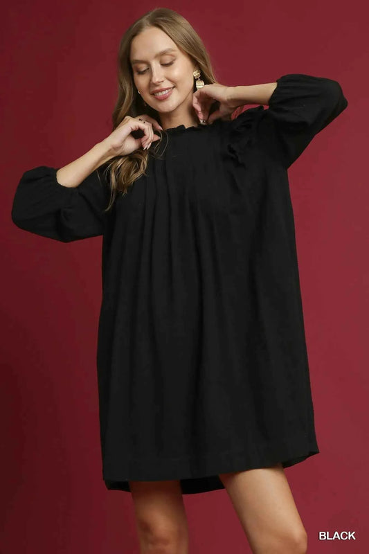 Linen Ruffle Shoulder Pleated Babydoll Dress Black e7c547a6-fcfd-4793-a0e4-4fa6d0fd9bf0-Max-Origin