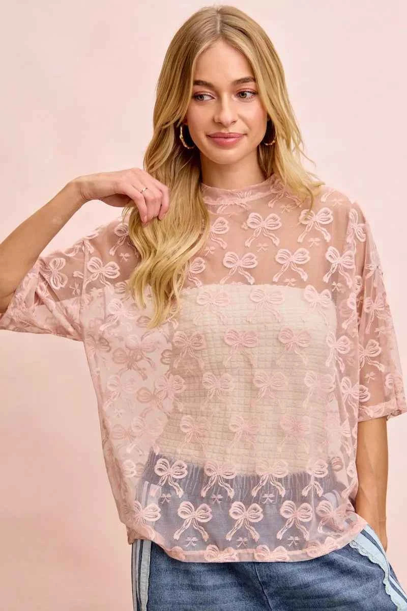 BiBi Bow Pattern Short Sleeves Boxy Mesh Top e7c70ae2dfa94f418de3616e22b70667-Max-Origin