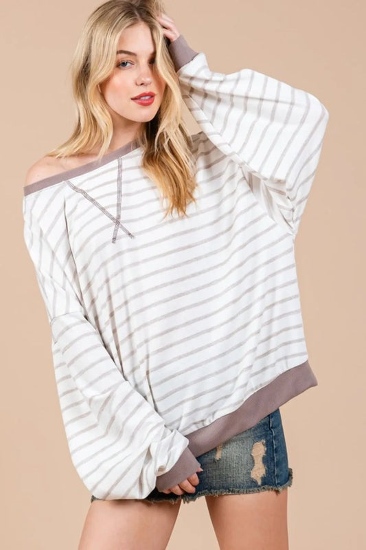 Ces Femme Striped Round Neck Drop Shoulder Sweatshirt e7c8c8de-d394-4356-8476-07517f45f700-Max