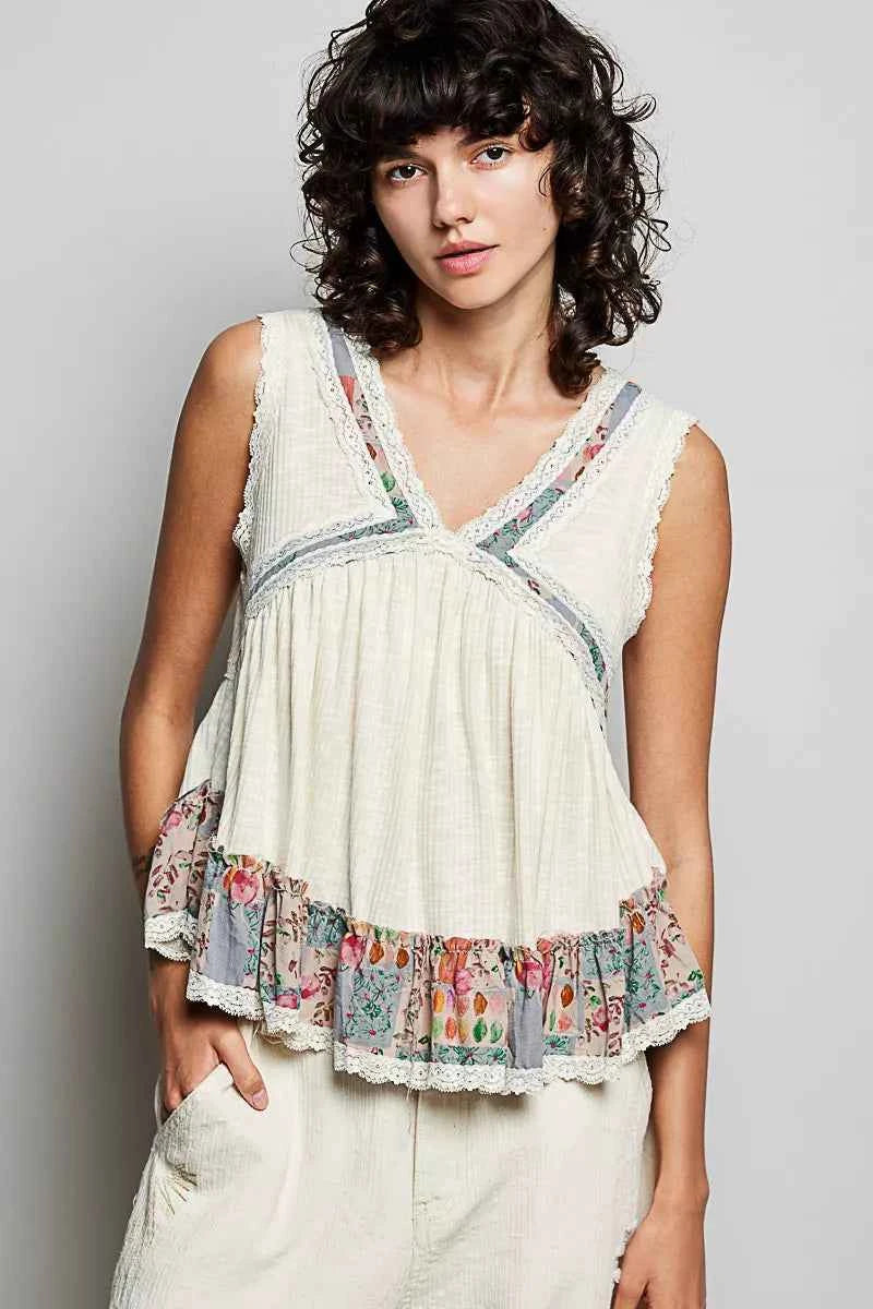 POL Lace Detail Ruffled Ribbed Sleeveless Top with Floral Pattern Trim Detail e7c8d11a-0ecc-4c70-8d80-2600cf72508c-Max-Origin
