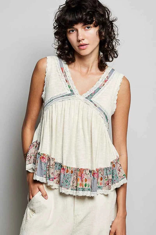 POL Lace Detail Ruffled Ribbed Sleeveless Top with Floral Pattern Trim Detail e7c8d11a-0ecc-4c70-8d80-2600cf72508c-Max-Origin