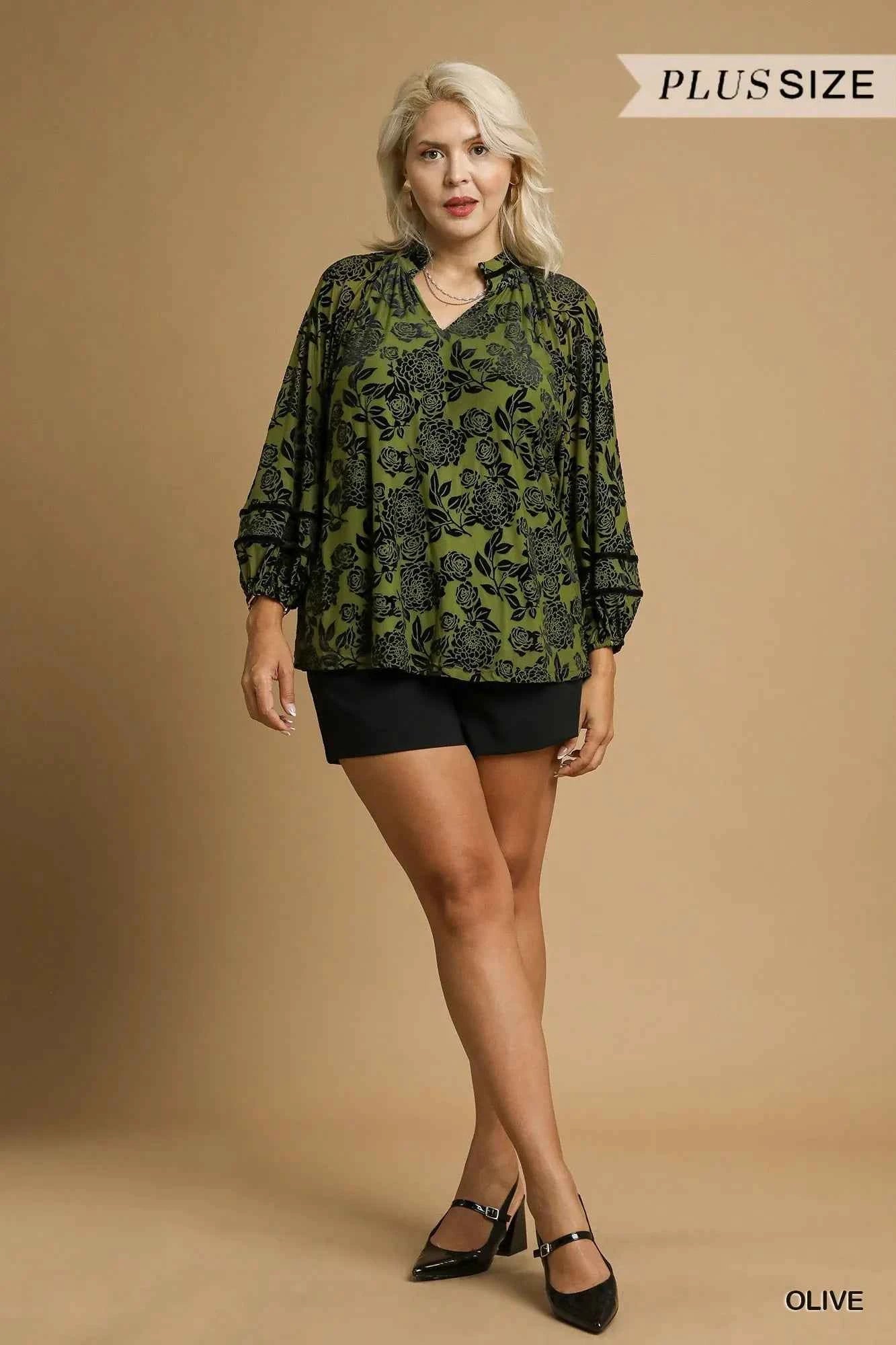 Umgee Full Size Floral Velvet Blouse with Balloon Sleeves Plus Size e7cac772-4419-40ac-948e-07d9d8c62024-Max-Origin