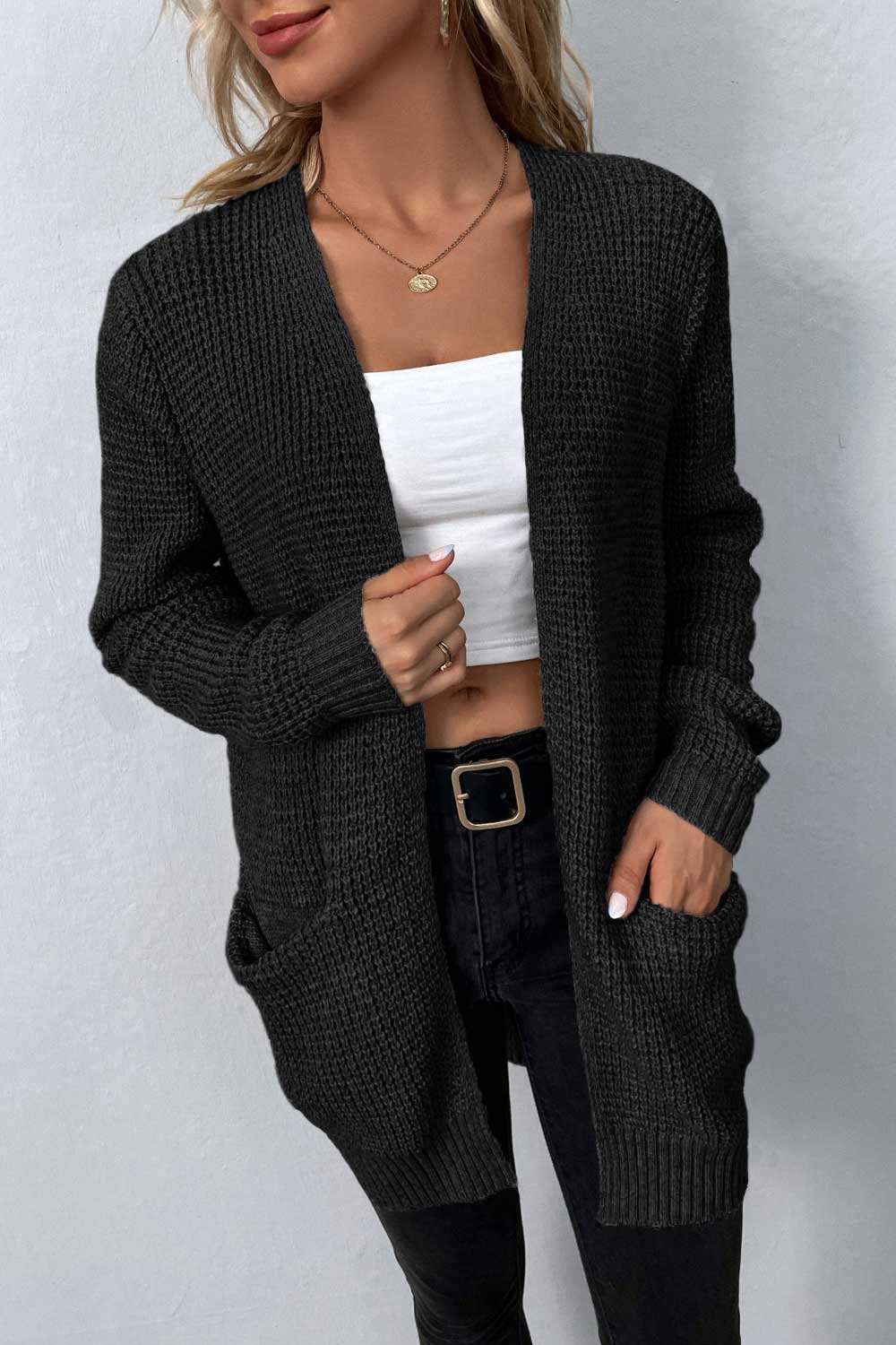 Rib-Knit Open Front Pocketed Cardigan Black e7cc052d9aeb4f3ebcf9312187d47f14-Max