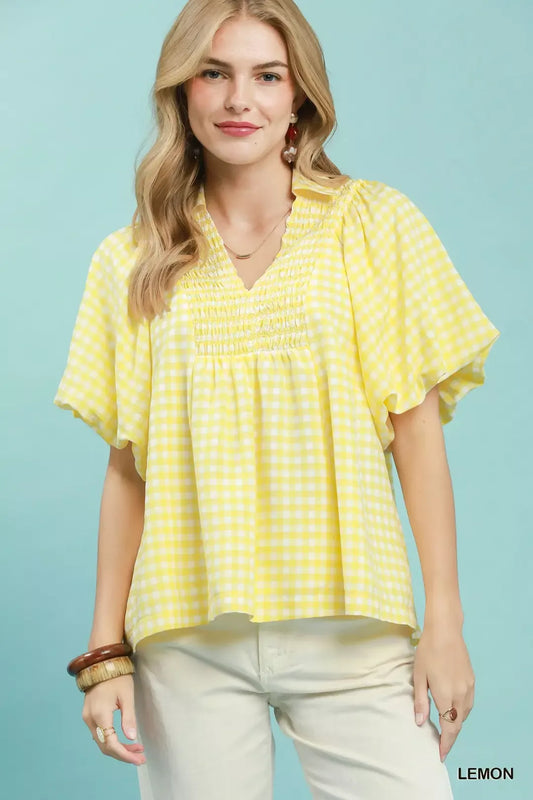 Smocked Yoke Puff Sleeve Gingham Blouse LEMON e7d69795-13f3-42a6-bf98-5b4e22101863-Max-Origin