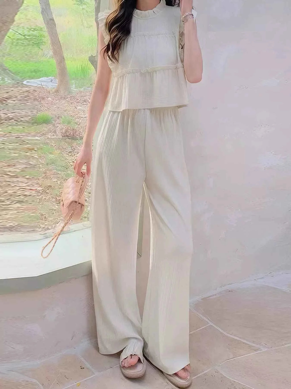Ruffled Sleeveless Top and Wide Leg Pants Set Apricot e7dc075a-67ac-41b8-a0af-a21737c39237-Max-Origin