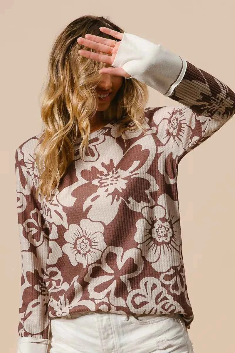 BiBi Flower Printed Waffle Thumb Opening Top e7df1b333fb847dc95c66490e884607b-Max-Origin