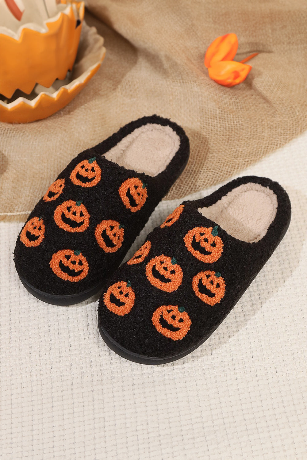 Black Halloween Pumpkin Plush Home Slippers e7df34ac7abb32dd