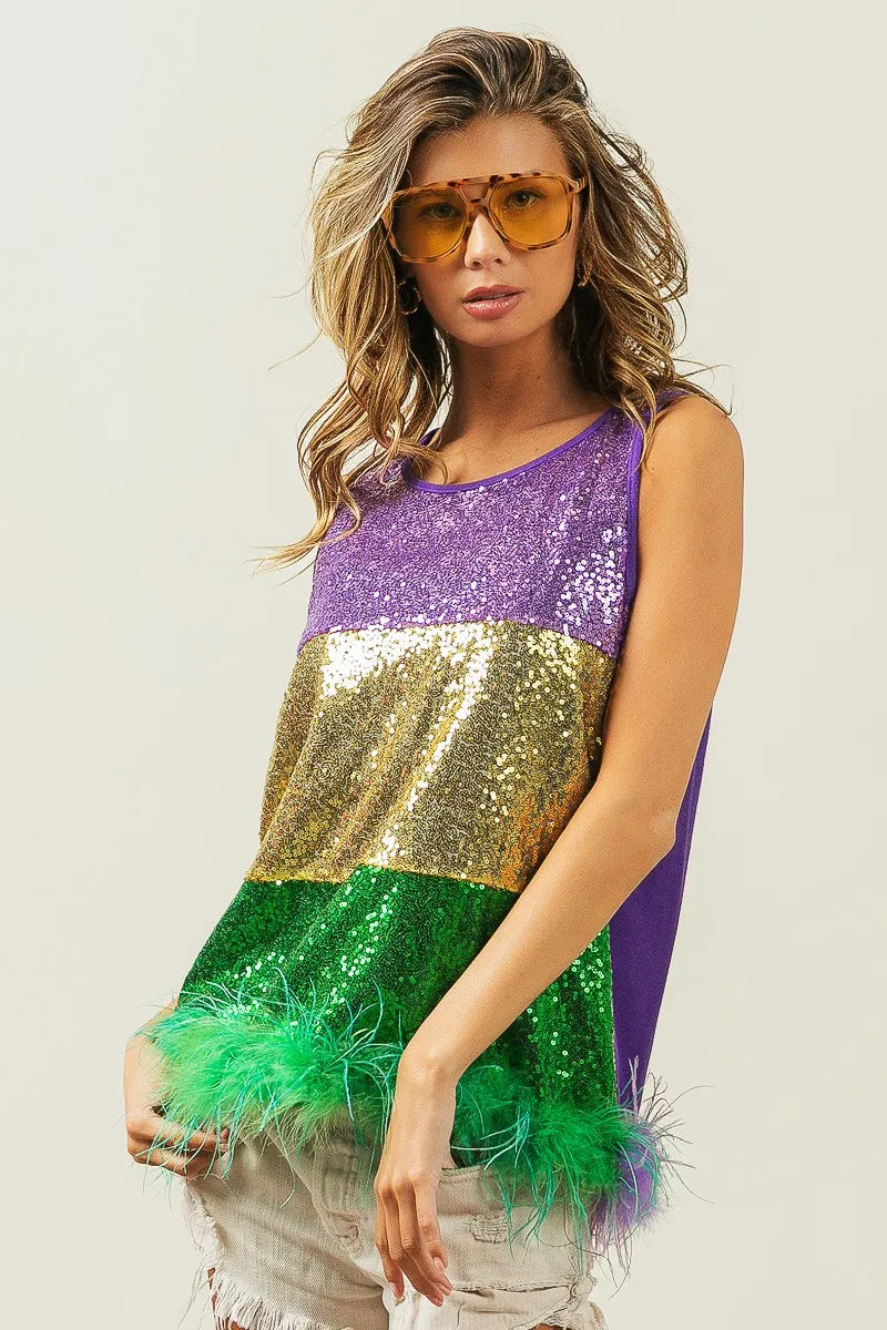 BiBi Mardi Gras Color Block Faux Feather Hem Sequin Top PURPLE MUSTARD GREEN e7e2c6669d004946863884596c848c84-Max-Origin
