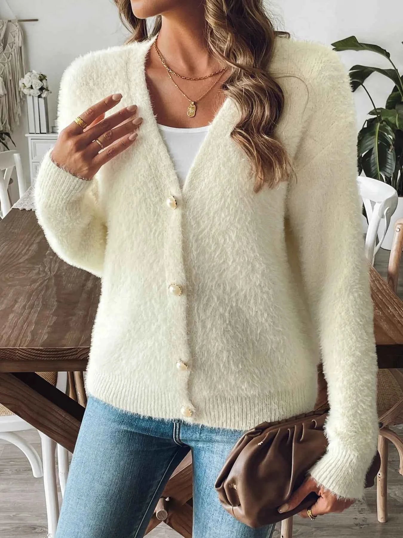 Fuzzy Button-Front Cardigan Cream e7e3e938941e495f8032fb702832fa5a-Max-Origin