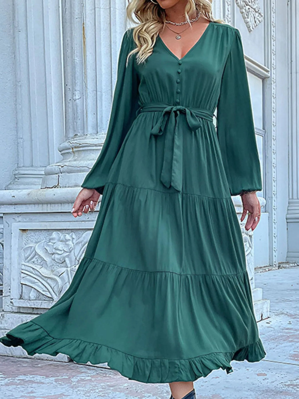 Ruffled Hem V-Neck Balloon Sleeve Dress e7e83ea0-ff2f-4c19-9f8a-04f1d749b827-Max-Origin