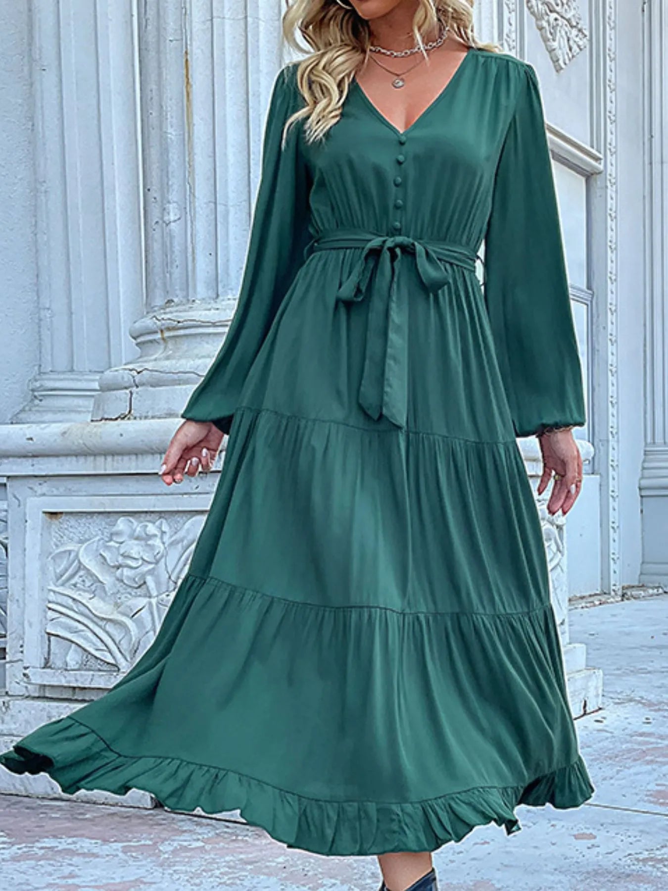 Ruffled Hem V-Neck Balloon Sleeve Dress e7e83ea0-ff2f-4c19-9f8a-04f1d749b827-Max-Origin