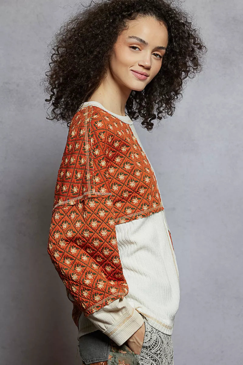 POL Contrast Patchwork Round Neck Long Sleeve Top e7e89cc6-46a2-41de-ab92-bbfbdebb08f0-Max-Origin