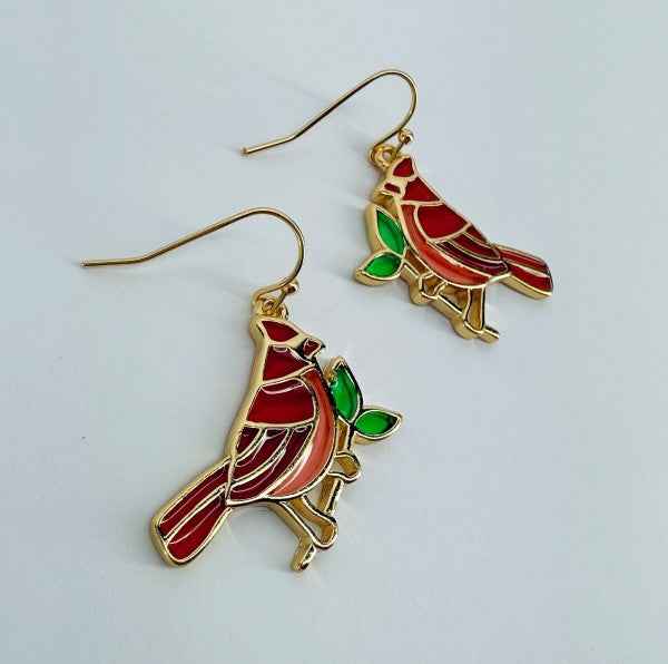 Gold finish Clear Epoxy Red Cardinal Bird Earrings e7f2dd4f-9887-44bc-aff6-09e8520d9a54